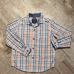 5/)15 Nautica Boys Orange, Navy & White Plaid Button-Down Shirt size 7